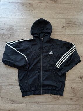 Vintage adidas Black Hooded Windbreaker Jacket with White Stripe Accents